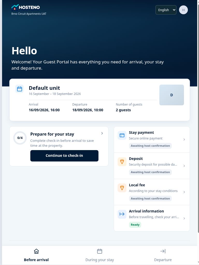 HOSTENO Guest Portal: English sample stay, check-in and arrival information